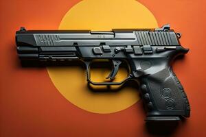 Semi-automatic handgun on a solid color background. Close-up. ai generative photo