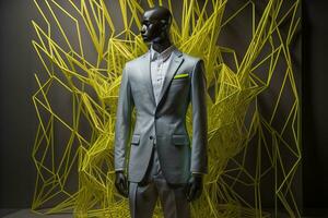 Stylish suits on mannequins on solid color background, closeup. ai generative photo