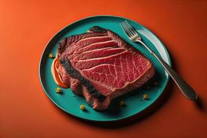 Raw beef sirloin steak with ingredients for cooking on wooden background. ai generative photo