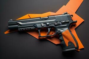 Semi-automatic handgun on a solid color background. Close-up. ai generative photo