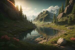 Beautiful fantasy landscape with a river in the mountains. ai generative photo