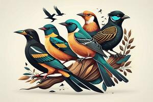 vector ilustración de un grupo de vistoso aves sentado en un rama. ai generativo foto