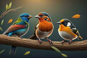 Vector illustration of a group of colorful birds sitting on a branch. ai generative photo