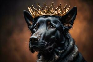 Portrait of a cute dog in a golden crown on a solid color background. ai generative photo