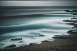 Beautiful seascape with stormy sky. Long exposure shot. ai generative photo