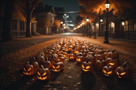 Halloween pumpkins in front of haunted house. ai generative photo