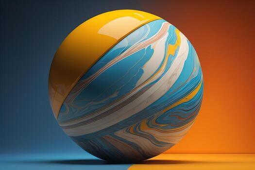 Colorful marble ball on a solid colour background. Close-up. ai generative photo