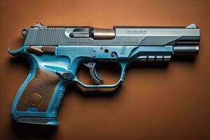 Semi-automatic handgun on a solid color background. Close-up. ai generative photo