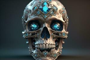 Skull with blue gemstones. ai generative photo