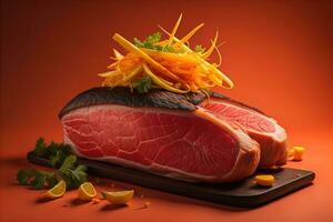 Raw beef sirloin steak with ingredients for cooking on wooden background. ai generative photo