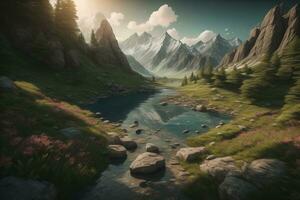 Beautiful fantasy landscape with a river in the mountains. ai generative photo