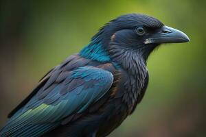 Close up portrait of a black raven, Corvus corax. ai generative photo