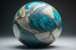 Colorful marble ball on a solid colour background. Close-up. ai generative photo