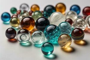 Colorful glass marbles on a the table. Selective focus. ai generative photo