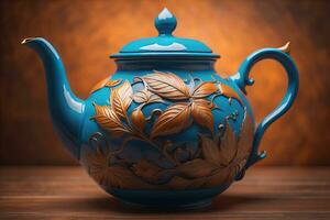 A ceramic teapot on a colid color background. ai generative photo