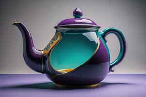 A ceramic teapot on a colid color background. ai generative photo