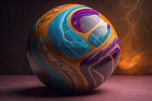 Colorful marble ball on a solid colour background. Close-up. ai generative photo