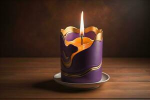 Burning aroma candle on wooden table against solid color background, copyspace. ai generative photo