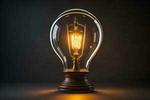 Glowing glass light bulb on dark background. ai generative photo