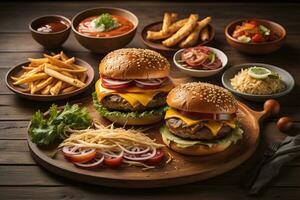 hamburguesas con francés papas fritas en de madera mesa, de cerca. ai generativo foto