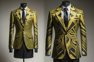 Stylish suits on mannequins on solid color background, closeup. ai generative photo