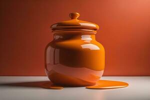 Jar of honey with solid colour background. ai generative photo