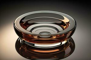Empty glossy transparent ashtray on a dark background. ai generative photo