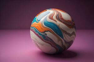 Colorful marble ball on a solid colour background. Close-up. ai generative photo