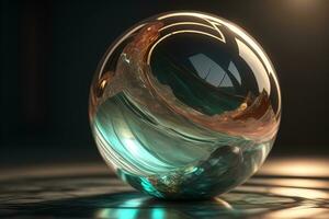 Transparent crystal ball on a wooden table. ai generative photo