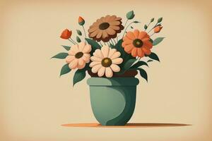 Flowerpot with daisies. Vector illustration in retro style. ai generative photo