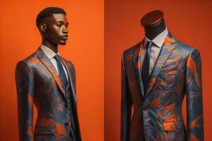 Stylish suits on mannequins on solid color background, closeup. ai generative photo