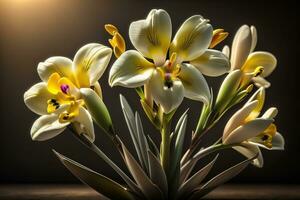 Bouquet of crocus and tulips on solid color background. ai generative photo