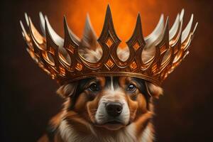 Portrait of a cute dog in a golden crown on a solid color background. ai generative photo