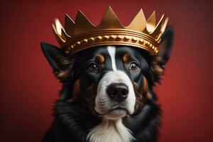 Portrait of a cute dog in a golden crown on a solid color background. ai generative photo