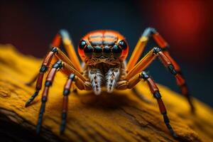 saltando araña de cerca en sólido color fondo, espacio de copia. ai generativo foto