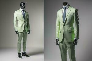 Stylish suits on mannequins on solid color background, closeup. ai generative photo