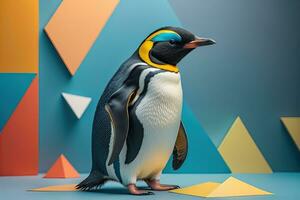 Cute penguin standing in front of solid color background. ai generative photo