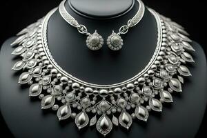 Silver necklace on a solid color background in close-up. ai generative photo
