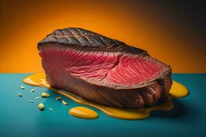 Raw beef sirloin steak with ingredients for cooking on wooden background. ai generative photo