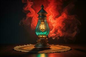 Lantern on a wooden table and a dark background. ai generative photo