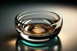Empty glossy transparent ashtray on a dark background. ai generative photo