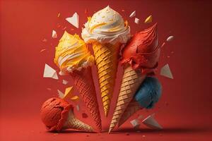Ice cream in waffle cone on blue background, top view, flat lay. ai generative photo