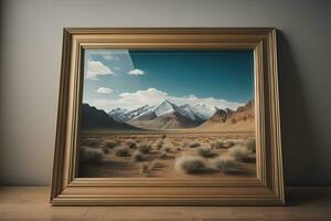 Glass picture frame on a solid color background. ai generative photo