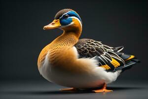 Beautiful duck on a solid color background. ai generative photo