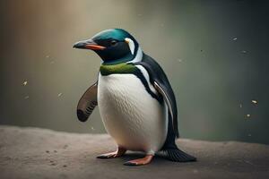 Cute penguin standing in front of solid color background. ai generative photo