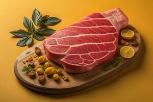 Raw beef sirloin steak with ingredients for cooking on wooden background. ai generative photo