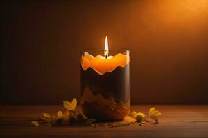 Creative burning candle on a wooden background. ai generative photo