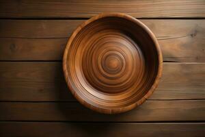 Empty wooden bowl on wooden background. Top view. Copy space. ai generative photo