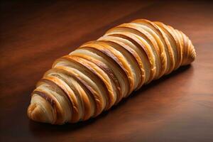 Freshly baked croissants on a wooden table, close up. ai generative photo