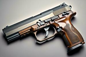 Semi-automatic handgun on a solid color background. Close-up. ai generative photo